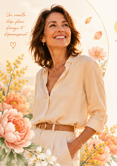 Femme souriante et épanouie, entourée de fleurs aquarelle
